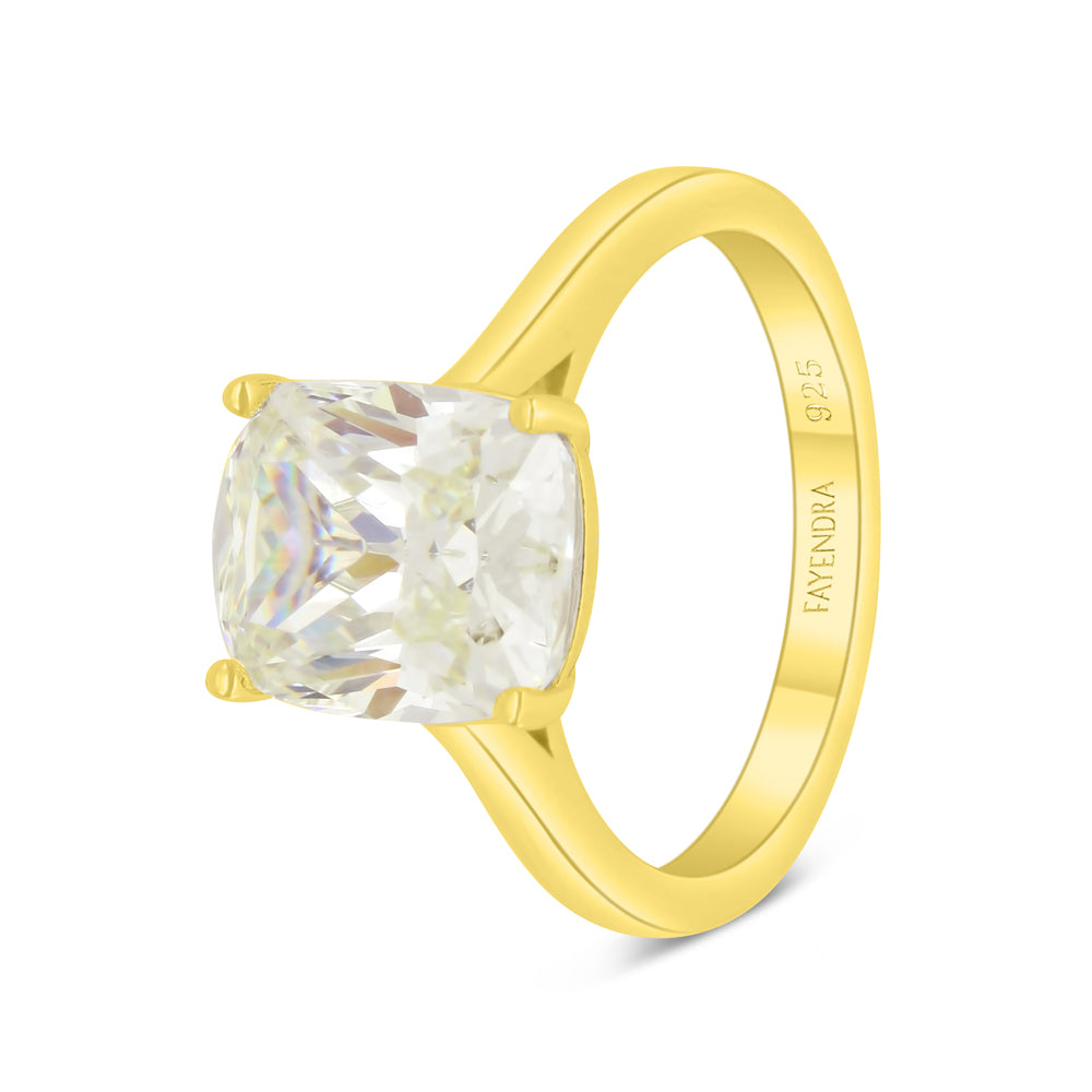 Sterling Silver 925 Ring Golden Plated Embedded With Yellow Diamond And White Zircon