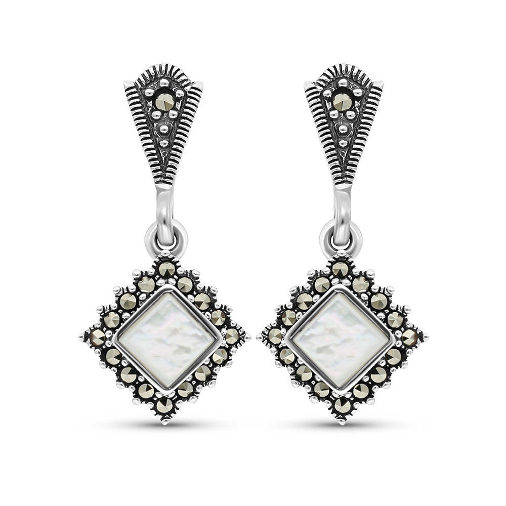 Sterling Silver 925 Earring Embedded With Natural White Shell And Marcasite Stones