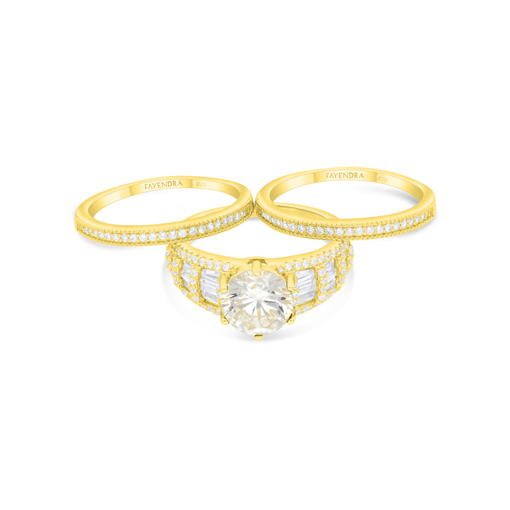 Sterling Silver 925 Ring (3pcs) Golden Plated Embedded With Yellow Diamond And White Zircon