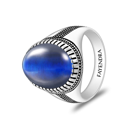 خاتم رجالي من الفضة الخالصة عيار 925 مطلي روديوم و اسود مرصع عين النمر ازرق كابشون