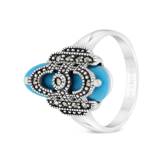 Sterling Silver 925 Ring Embedded With Natural Processed Turquoise And Marcasite Stones
