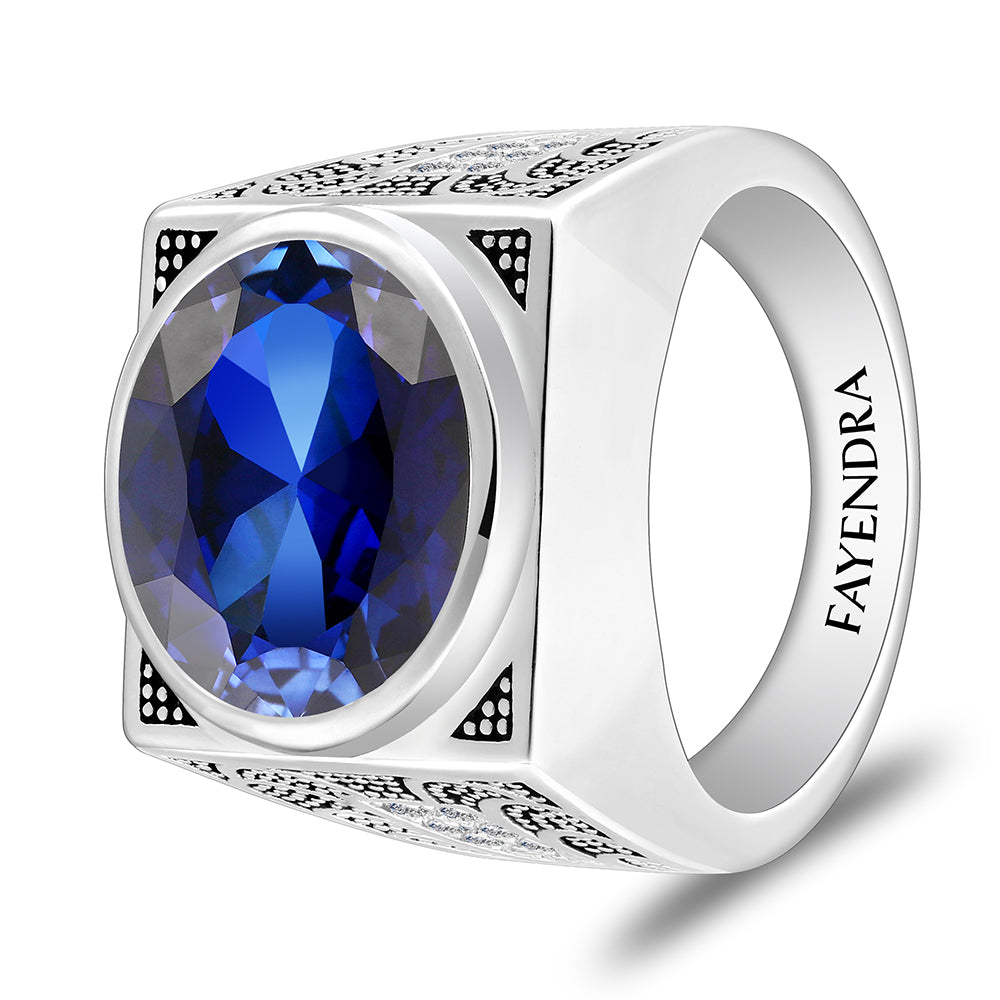 خاتم رجالي من الفضة الخالصة عيار 925 مطلي روديوم و اسود مرصع احجار زفير كروندوم و فص ابيض