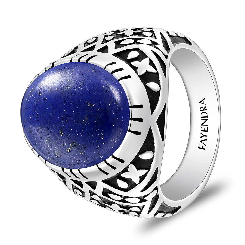 خاتم رجالي من الفضة الخالصة عيار925 مطلي روديوم و اسود مرصع احجار لابيس كابشون