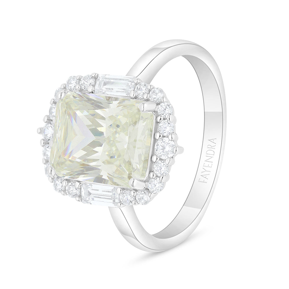 Sterling Silver 925 Ring Rhodium Plated Embedded With Yellow Diamond And White Zircon