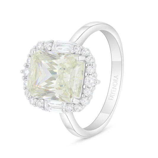 خاتم من الفضة الخالصة عيار 925 مطلي روديوم مرصع بالزركون الكناري الالماسي و فص ابيض