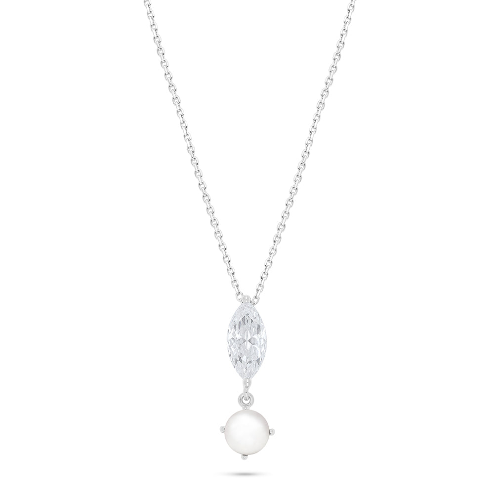 Sterling Silver 925 Necklace Rhodium Plated Embedded With Natural White Pearl And White Zircon