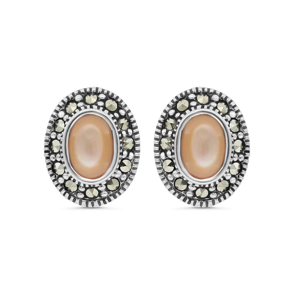 اقراط من الفضة الخالصة عيار 925 مرصعه احجار صدف وردي طبيعي و ماركسايت