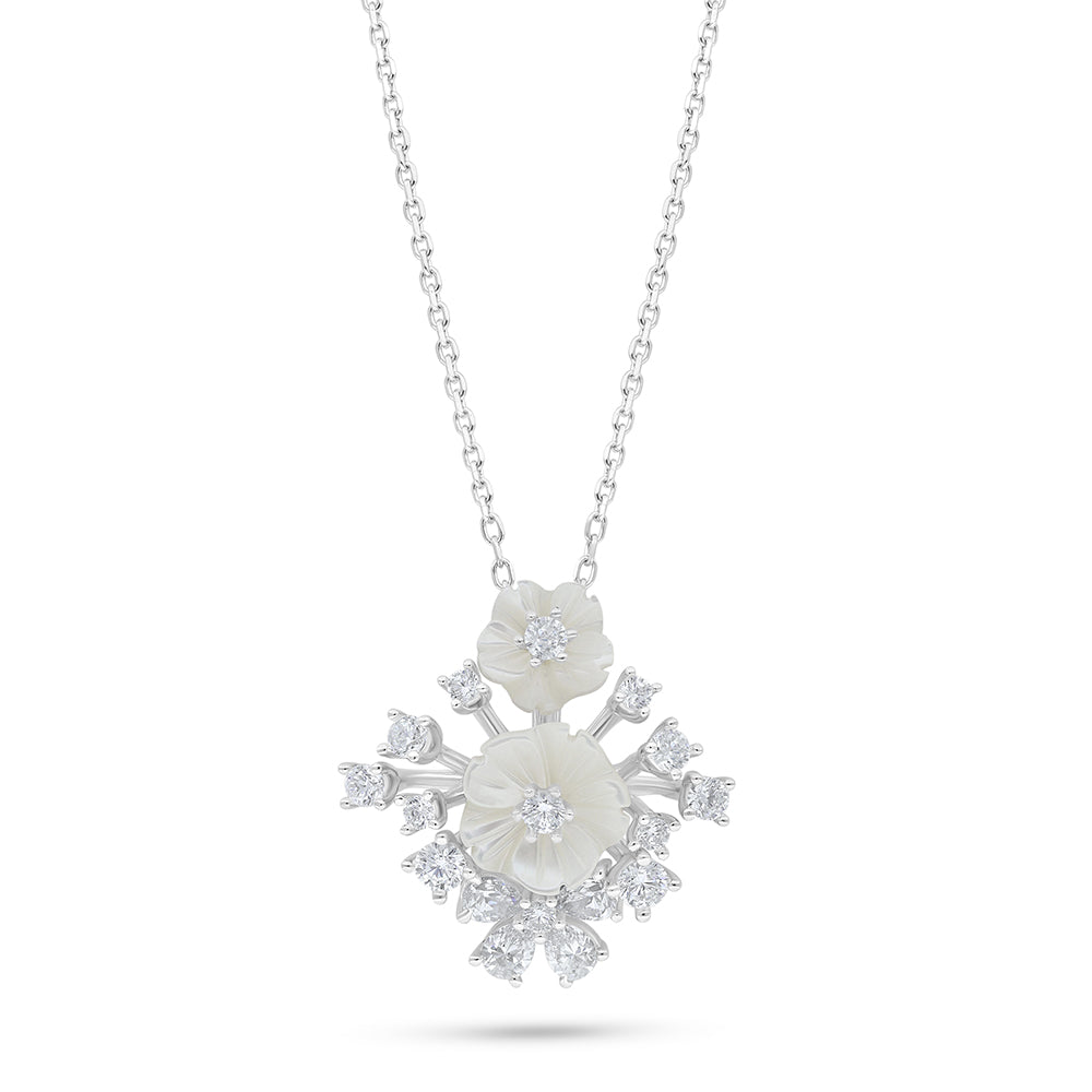 Sterling Silver 925 Necklace Rhodium Plated Embedded With White Shell And White Zircon