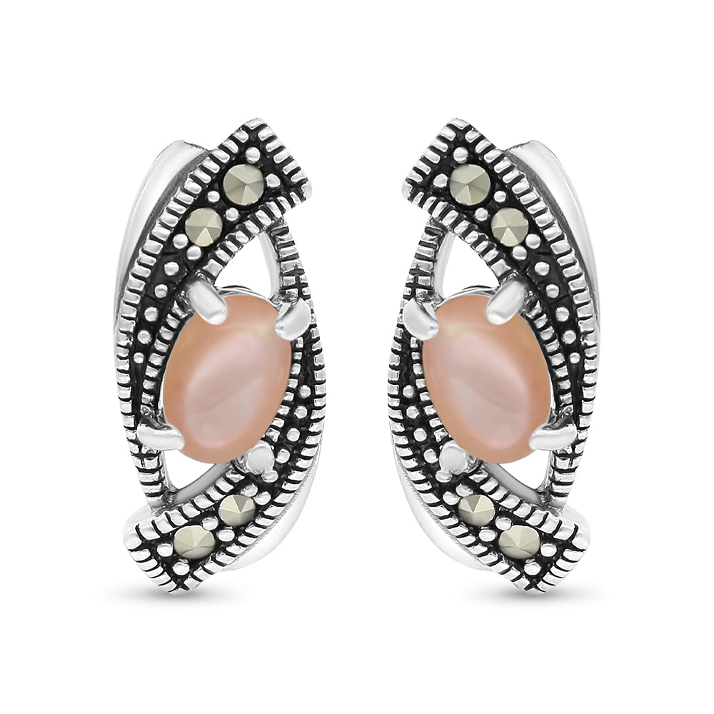 Sterling Silver 925 Earring Embedded With Natural Pink Shell And Marcasite Stones