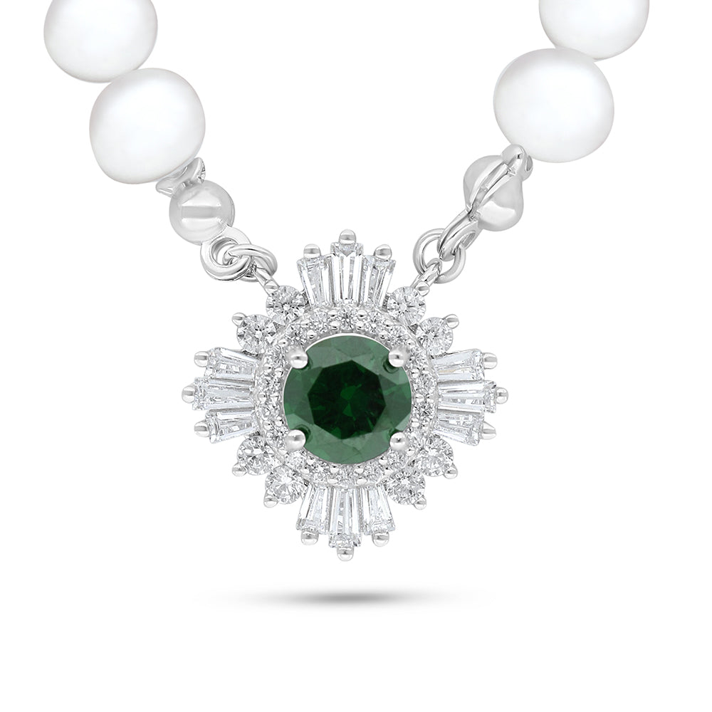 Sterling Silver 925 Necklace Rhodium Plated Embedded With Natural White Pearl, Emerald Zircon And White Zircon