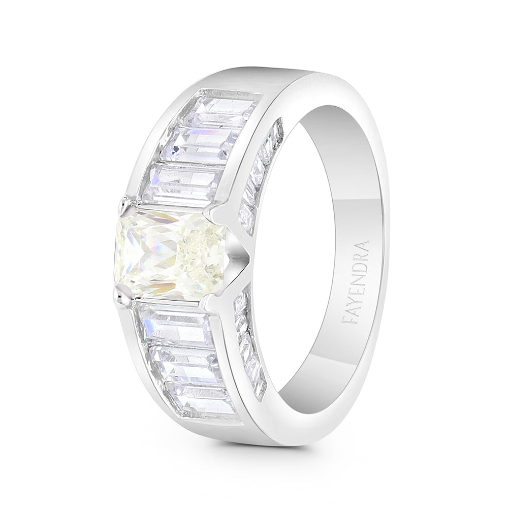 Sterling Silver 925 Ring Rhodium Plated Embedded With Yellow Zircon And White CZ
