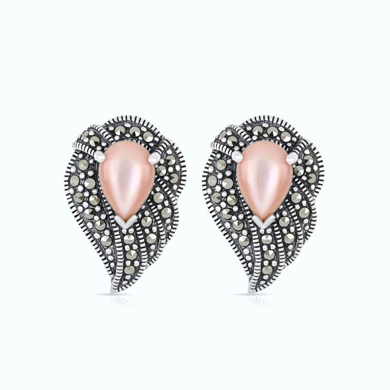 Sterling Silver 925 Earring Embedded With Natural Pink Shell And Marcasite Stones