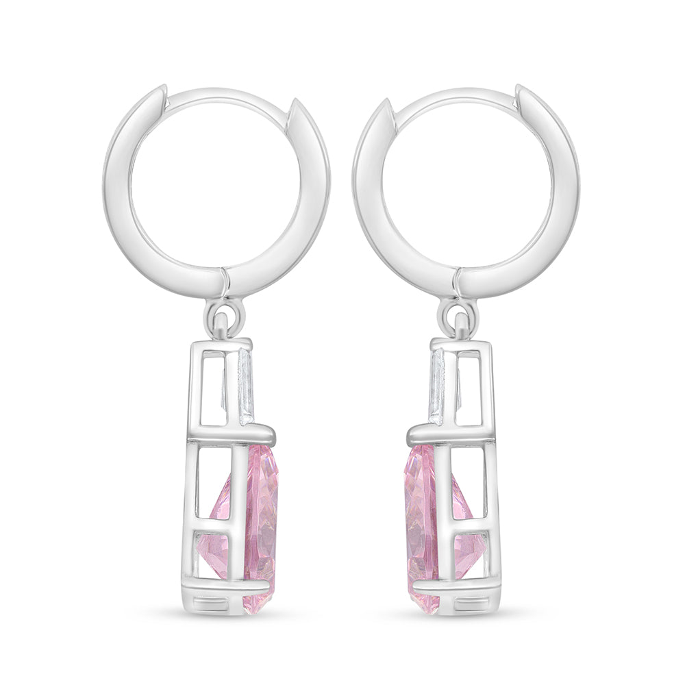 Sterling Silver 925 Earring Rhodium Plated Embedded With Pink Zircon And White Zircon