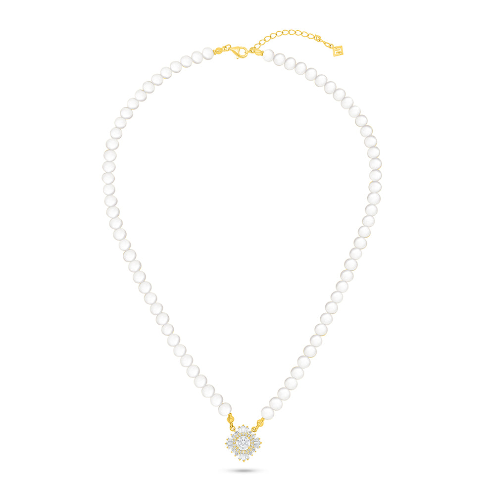 عقد من الفضة الخالصة عيار 925 مطلي ذهبي مرصع لولو ابيض طبيعي و الزركون الكناري الالماسي فص ابيض