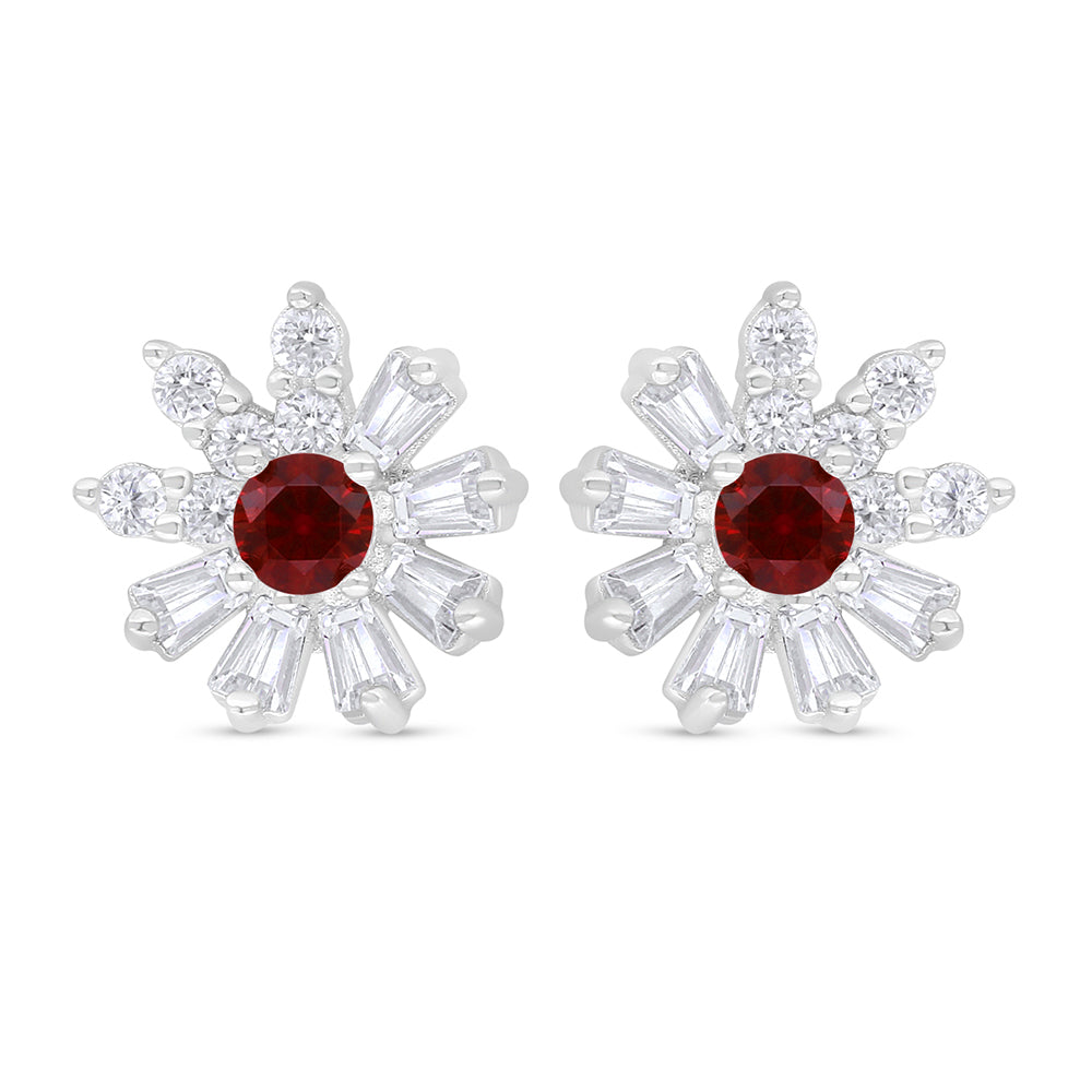 Sterling Silver 925 Earring Rhodium Plated Embedded With Ruby Corundum And White Zircon