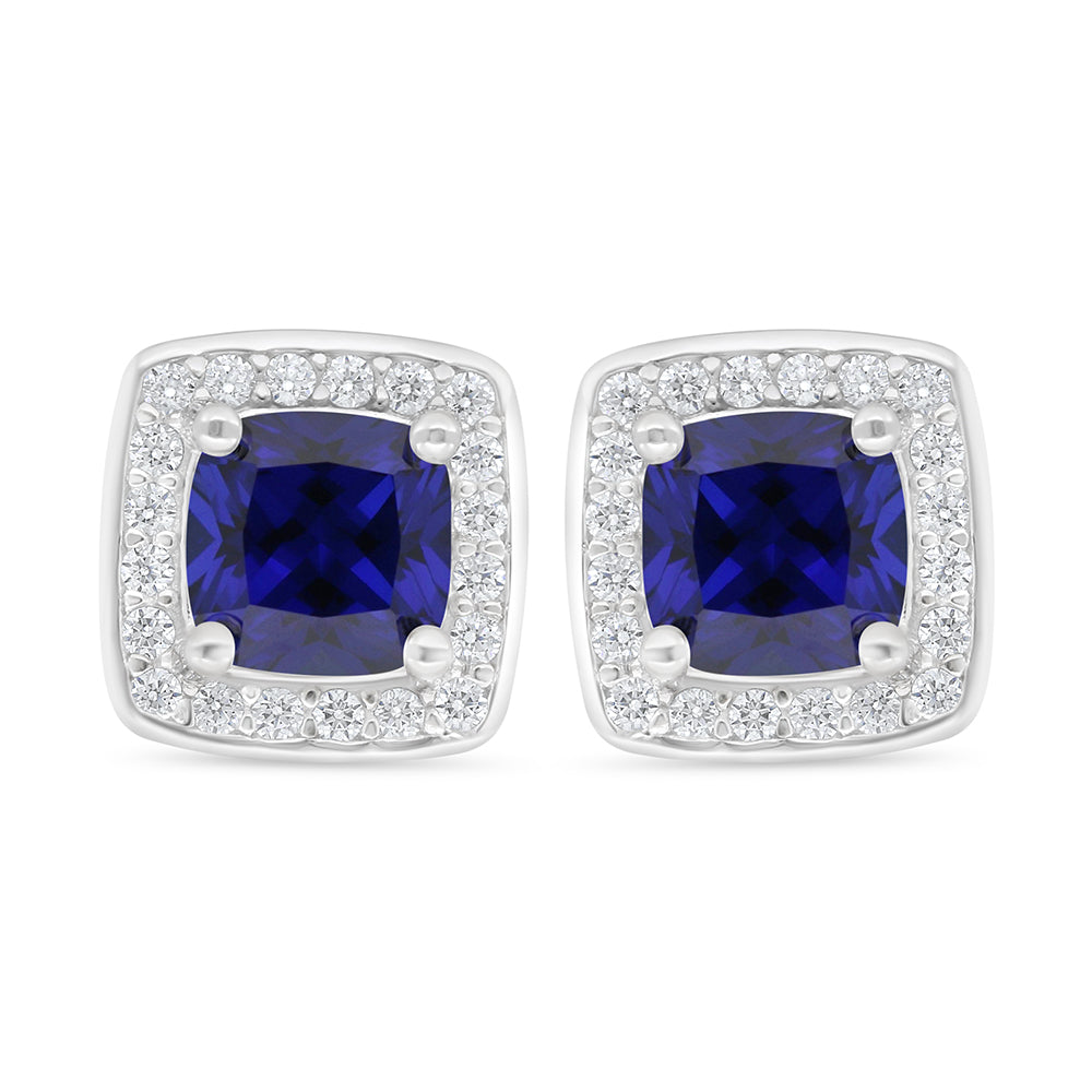 Sterling Silver 925 Earring Rhodium Plated Embedded With Sapphire Corundum And White Zircon