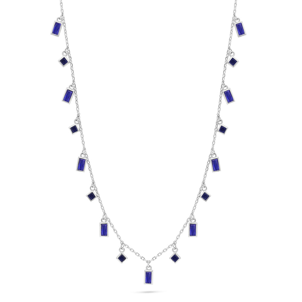 Sterling Silver 925 Necklace Rhodium Plated Embedded With Sapphire Corundum And White Zircon