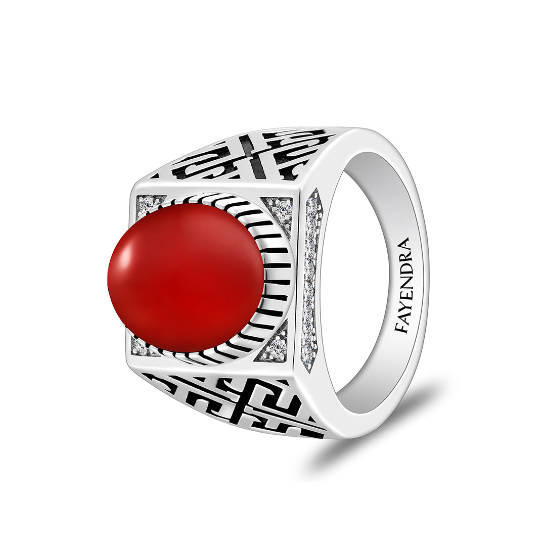 Sterling Silver 925 Ring Rhodium Plated Embedded With Red Agate Cabochon And White Zircon For Men