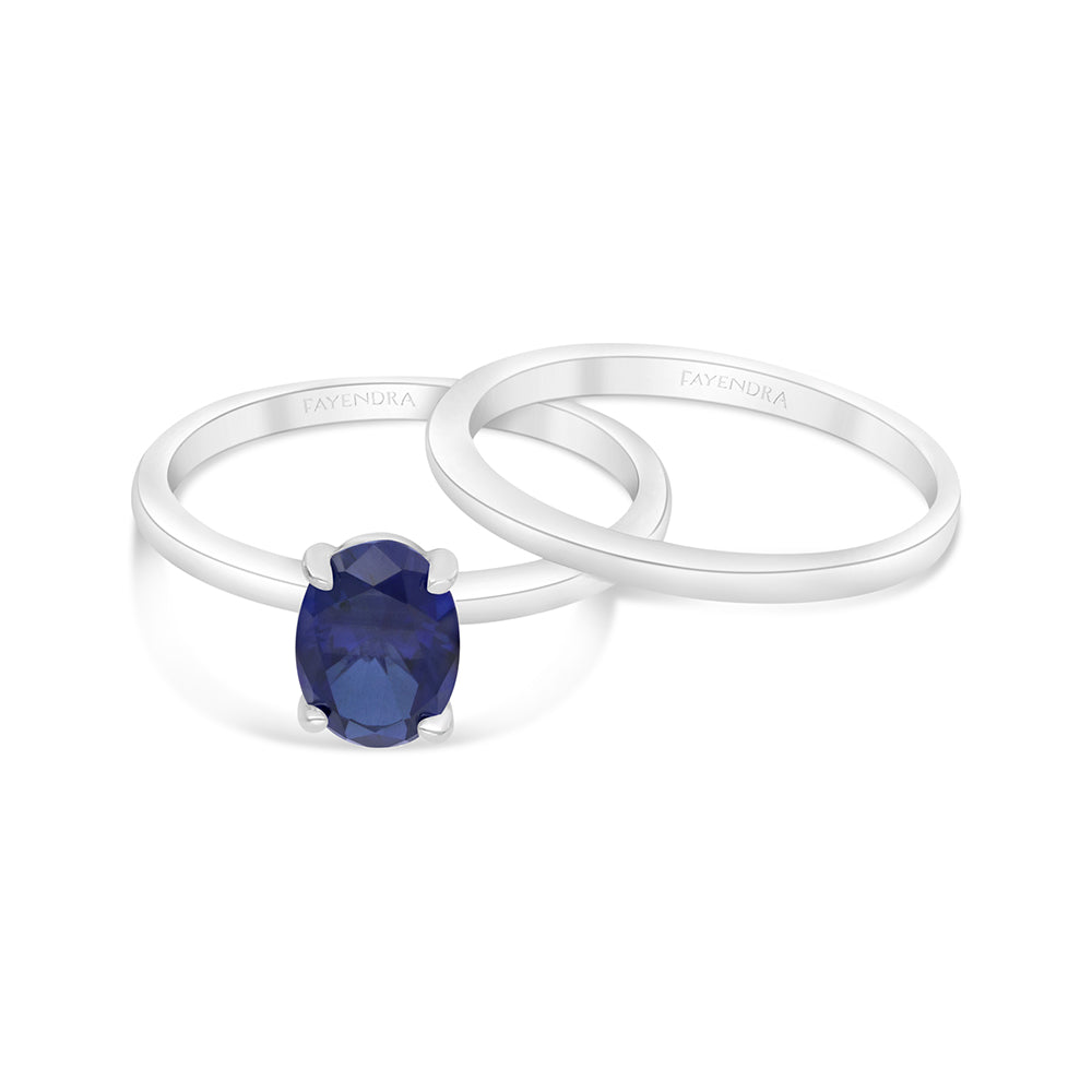 Sterling Silver 925 Ring (Twins) Rhodium Plated Embedded With Sapphire Corundum
