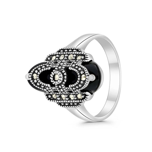 Sterling Silver 925 Ring Embedded With Natural Black Agate And Marcasite Stones
