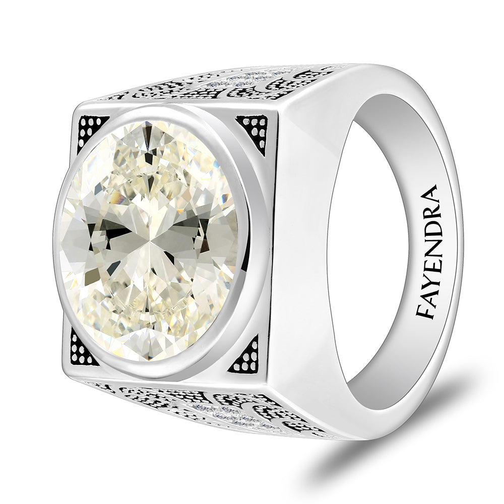 خاتم رجالي من الفضة الخالصة عيار 925 مطلي روديوم و اسود مرصع زركون اصفر و فص ابيض