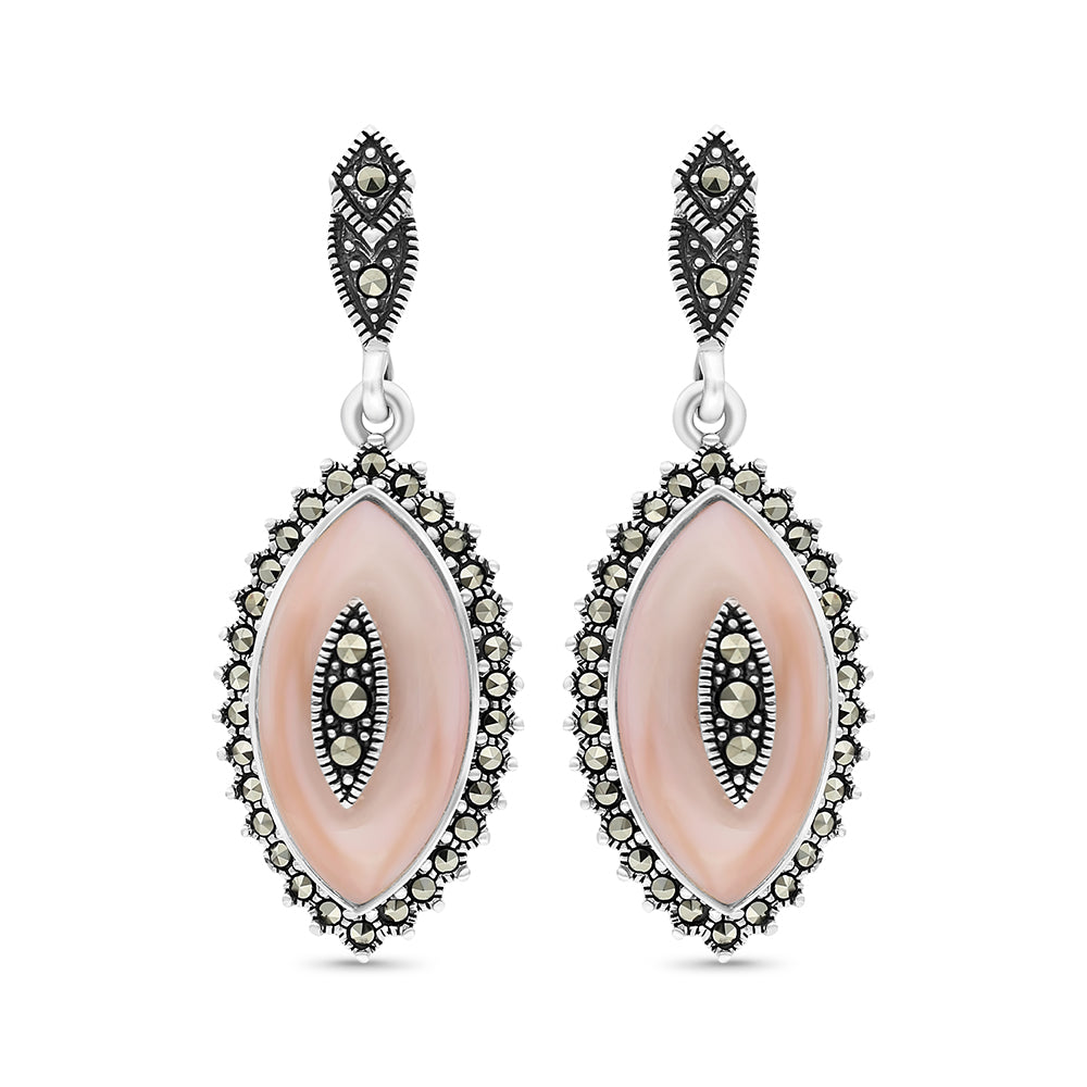 Sterling Silver 925 Earring Embedded With Natural Pink Shell And Marcasite Stones