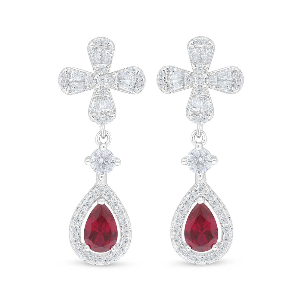 Sterling Silver 925 Earring Rhodium Plated Embedded With Ruby Corundum And White Zircon