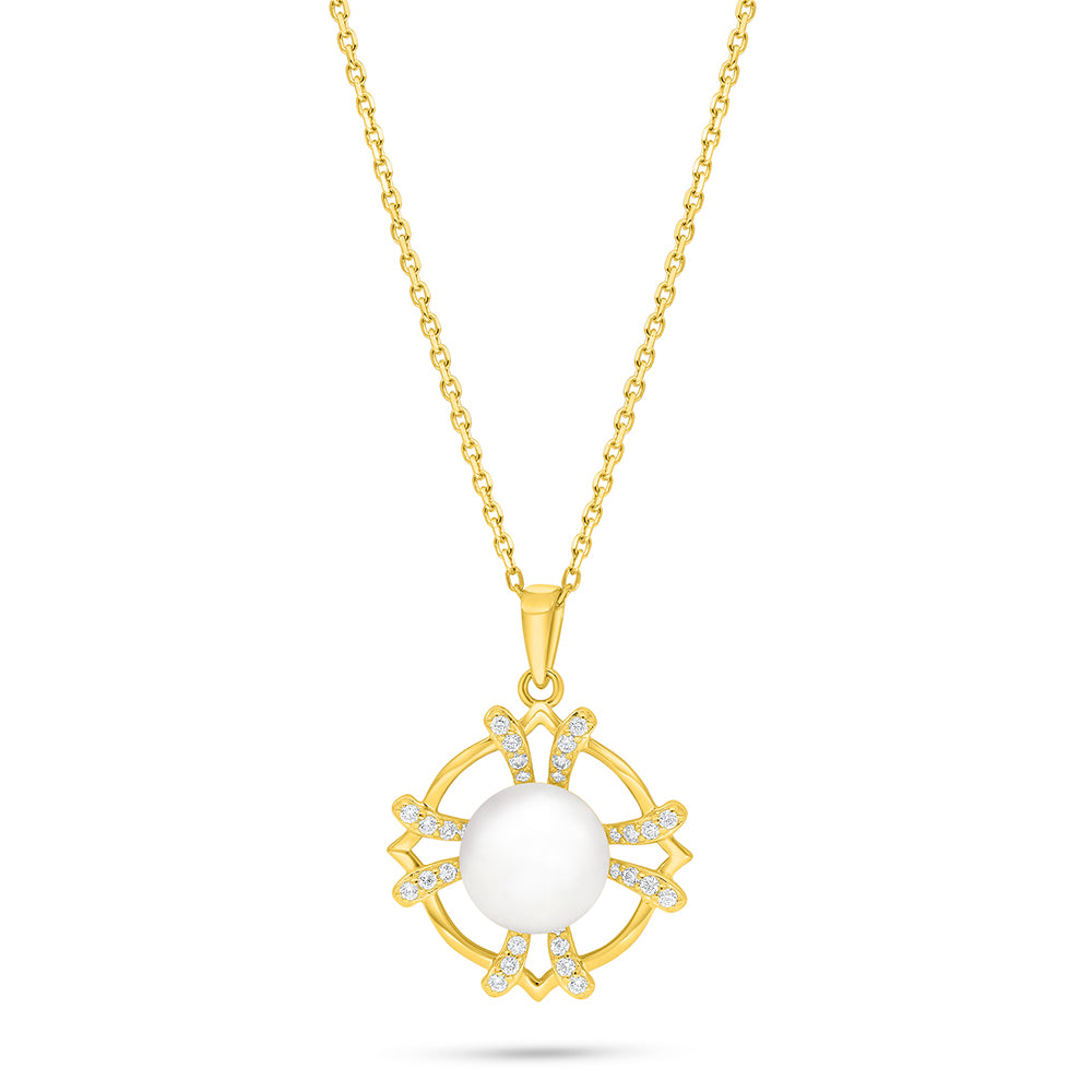 عقد من الفضة الخالصة عيار 925 مطلي ذهبي مرصع لولو ابيض طبيعي و فص ابيض