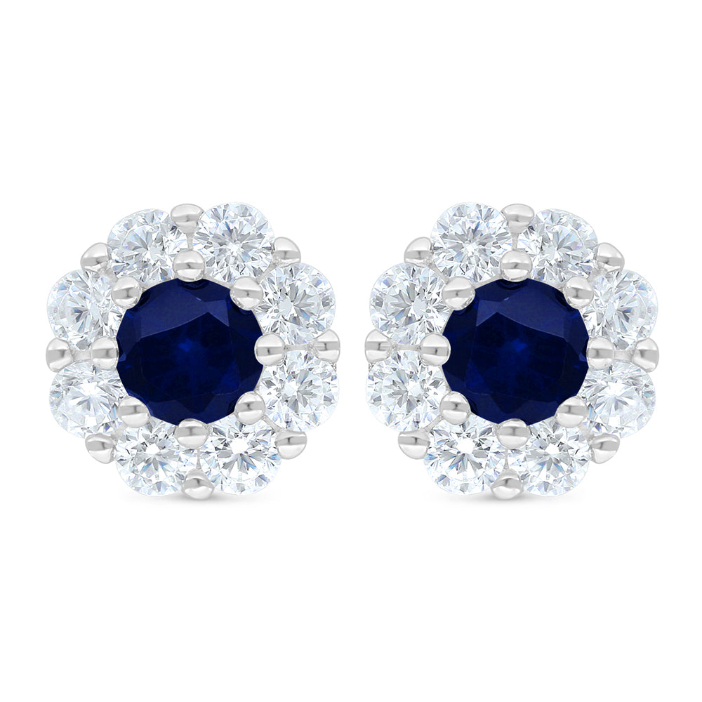 Sterling Silver 925 Earring Rhodium Plated Embedded With Sapphire Corundum And White Zircon