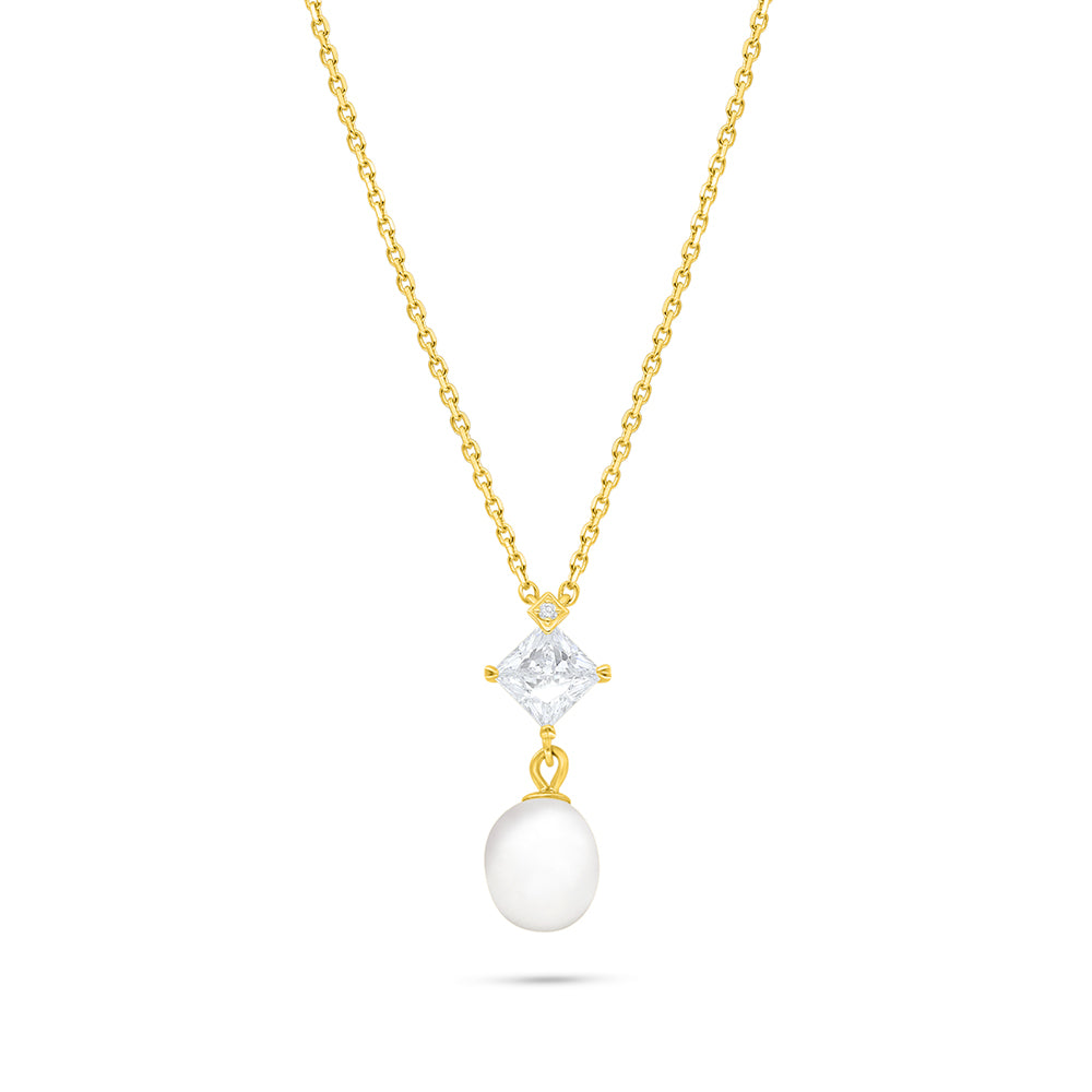 عقد من الفضة الخالصة عيار 925 مطلي ذهبي مرصع لولو ابيض طبيعي و فص ابيض