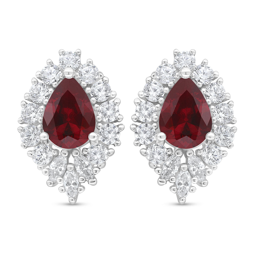 Sterling Silver 925 Earring Rhodium Plated Embedded With Ruby Corundum And White Zircon