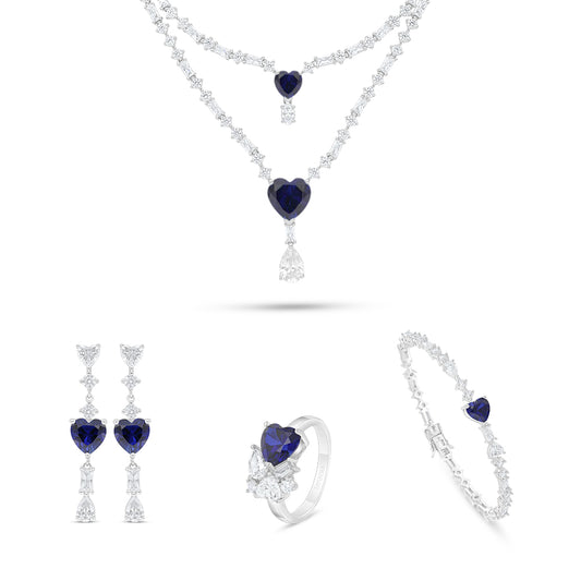 طقم من الفضة الخالصة عيار 925 مطلي روديوم مرصع احجار زفير كروندوم و فص ابيض