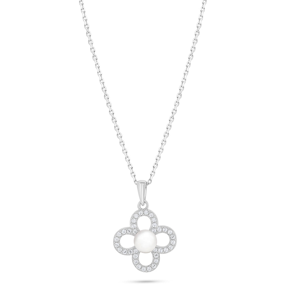 Sterling Silver 925 Necklace Rhodium Plated Embedded With Natural White Pearl And White Zircon