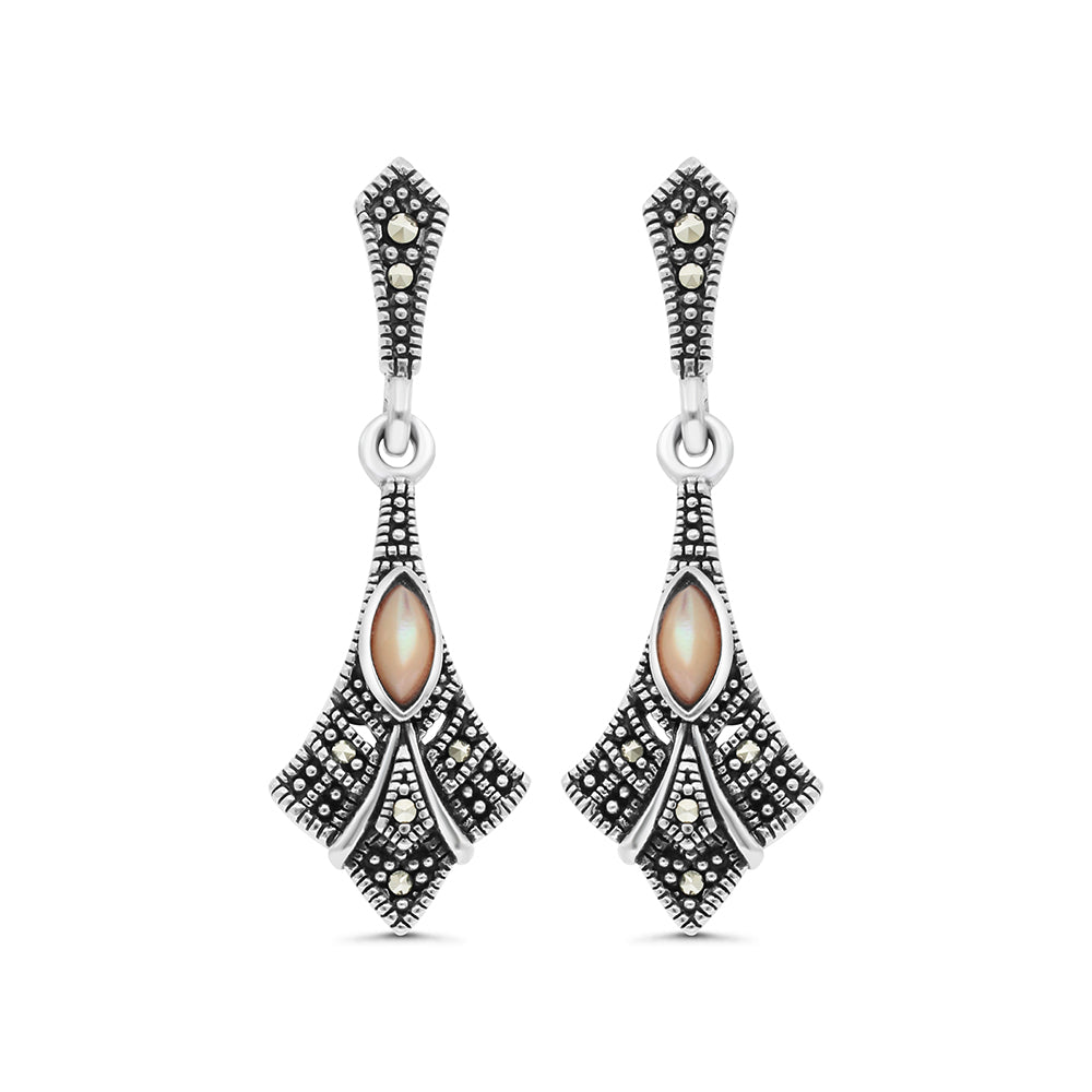 Sterling Silver 925 Earring Embedded With Natural Pink Shell And Marcasite Stones