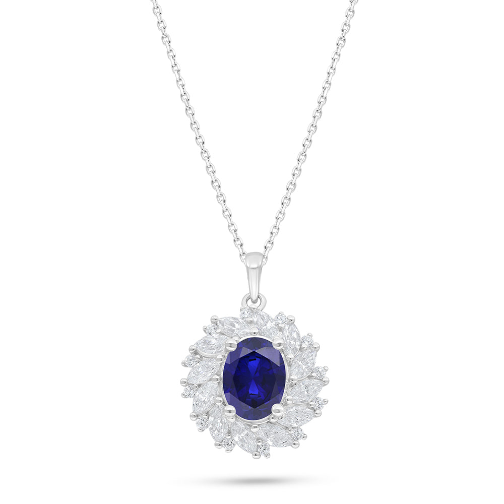 Sterling Silver 925 Necklace Rhodium Plated Embedded With Sapphire Corundum And White Zircon
