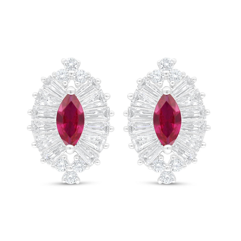 Sterling Silver 925 Earring Rhodium Plated Embedded With Ruby Corundum And White Zircon