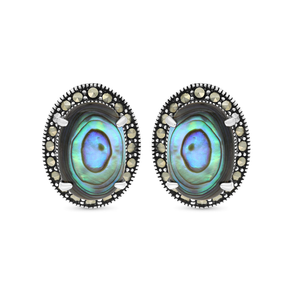 Sterling Silver 925 Earring Embedded With Natural Blue Shell And Marcasite Stones