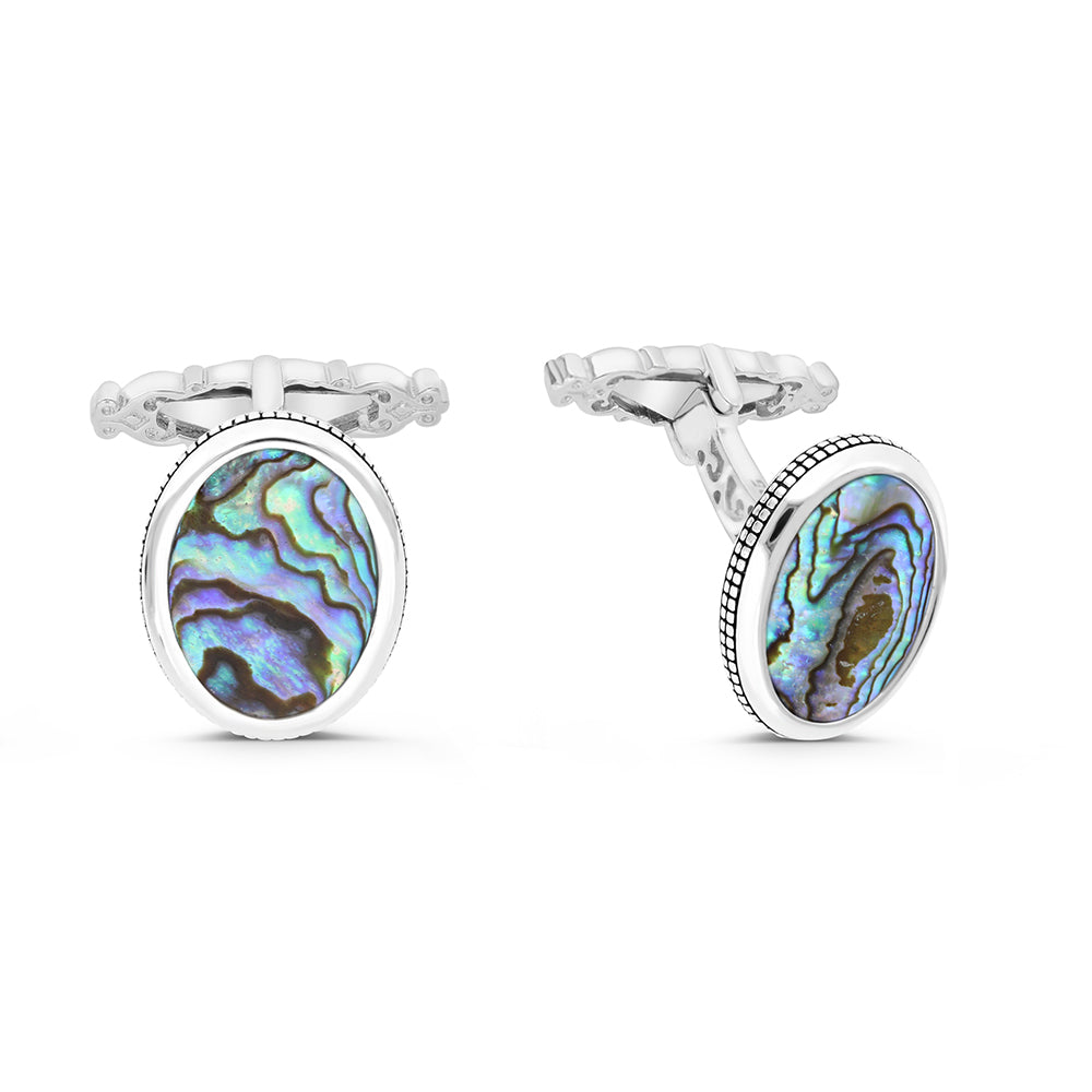 Sterling Silver 925 Cufflink Rhodium And Black Plated Embedded With Blue Shell