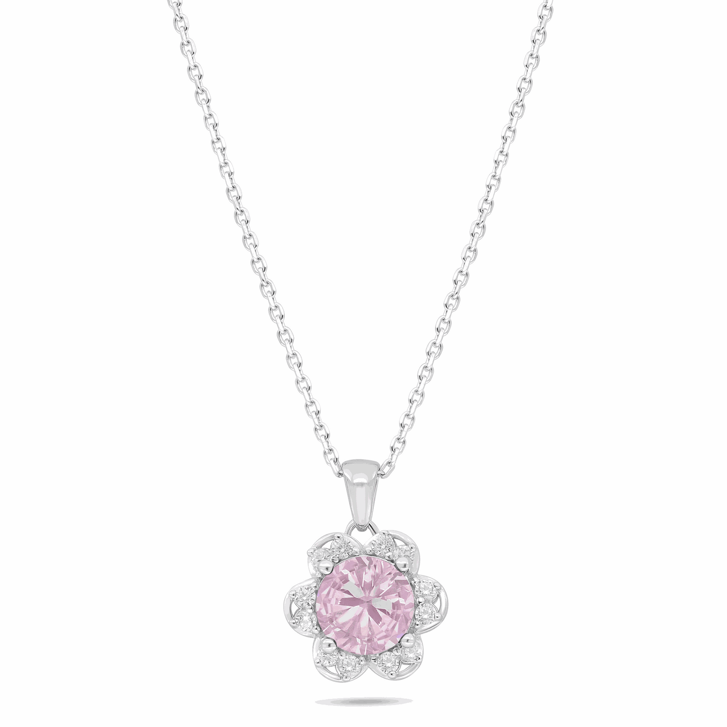 Sterling Silver 925 Necklace Rhodium Plated Embedded With Pink Zircon And White Zircon