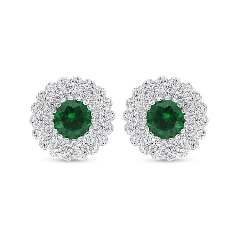 Sterling Silver 925 Earring Rhodium Plated Embedded With Emerald Zircon And White Zircon