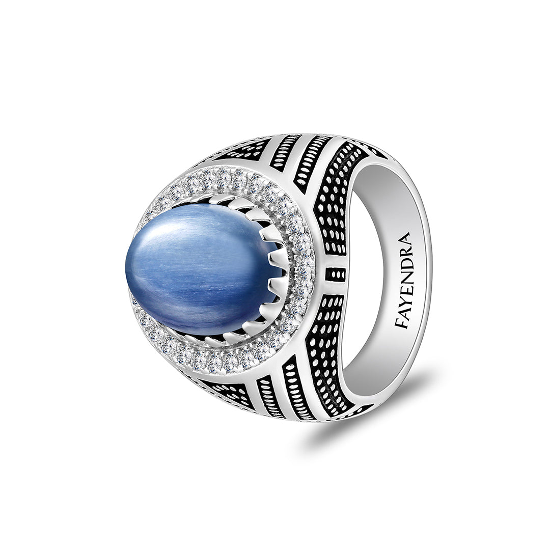 خاتم رجالي من الفضة الخالصة عيار 925 مطلي روديوم و اسود مرصع احجار كيانيت طبيعي كابشون و فص ابيض