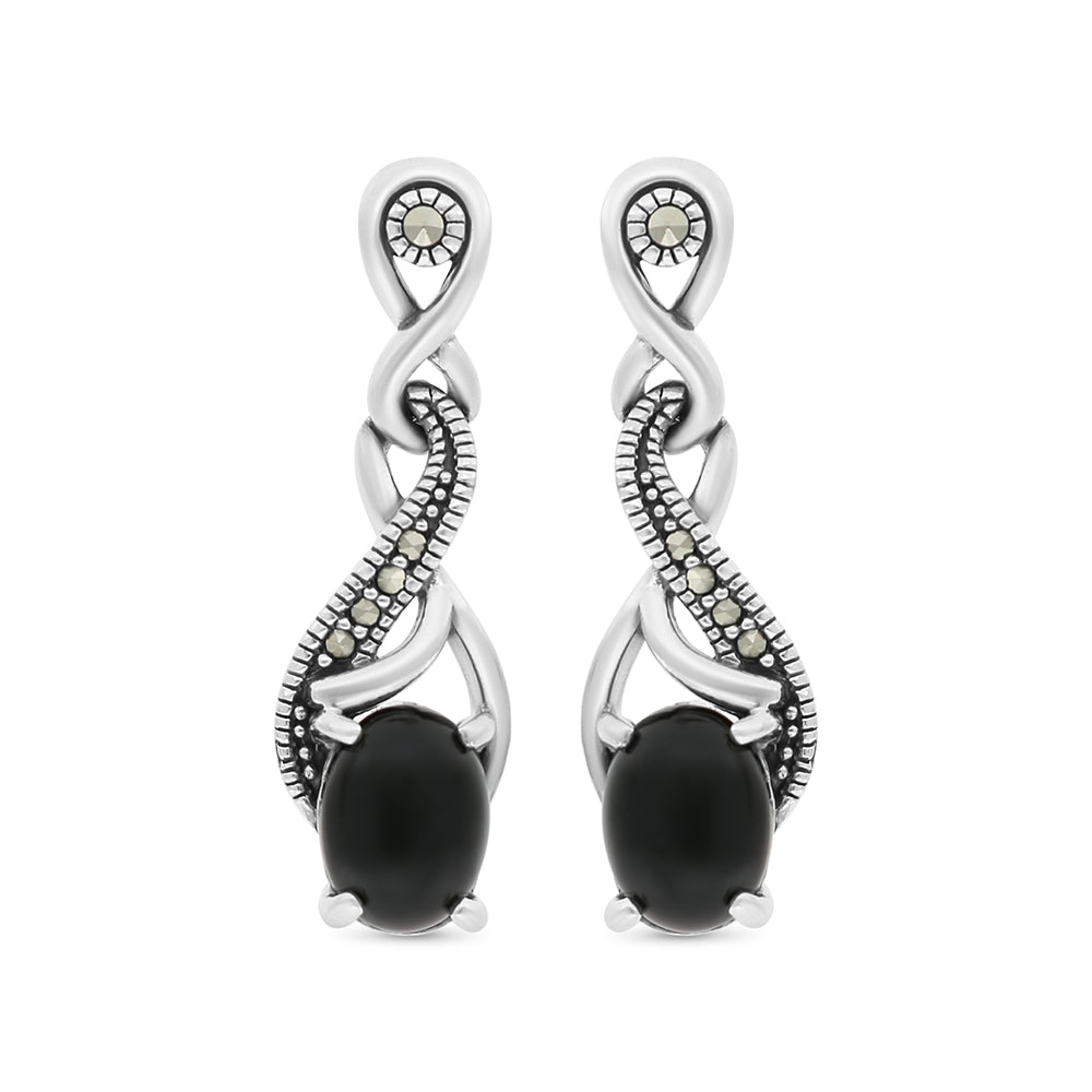 Sterling Silver 925 Earring Embedded With Natural Black Agate And Marcasite Stones