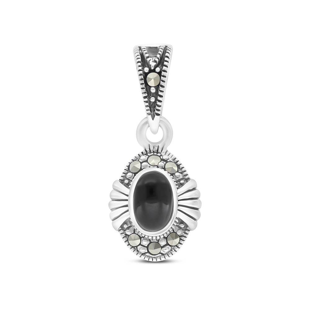 Sterling Silver 925 Pendant Embedded With Natural Black Agate And Marcasite Stones