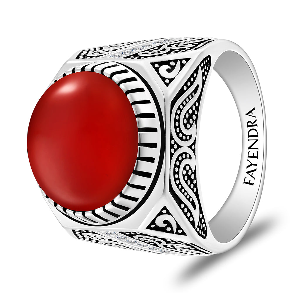 خاتم رجالي من الفضة الخالصة عيار 925 مطلي روديوم و اسود مرصع احجار عقيق احمر كابشون و فص ابيض