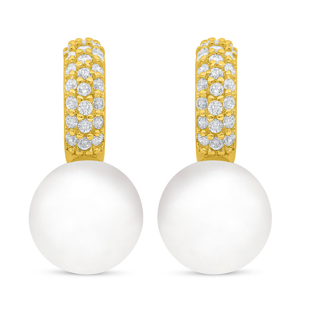 Sterling Silver 925 Earring Golden Plated Embedded With Natural White Pearl And White Zircon