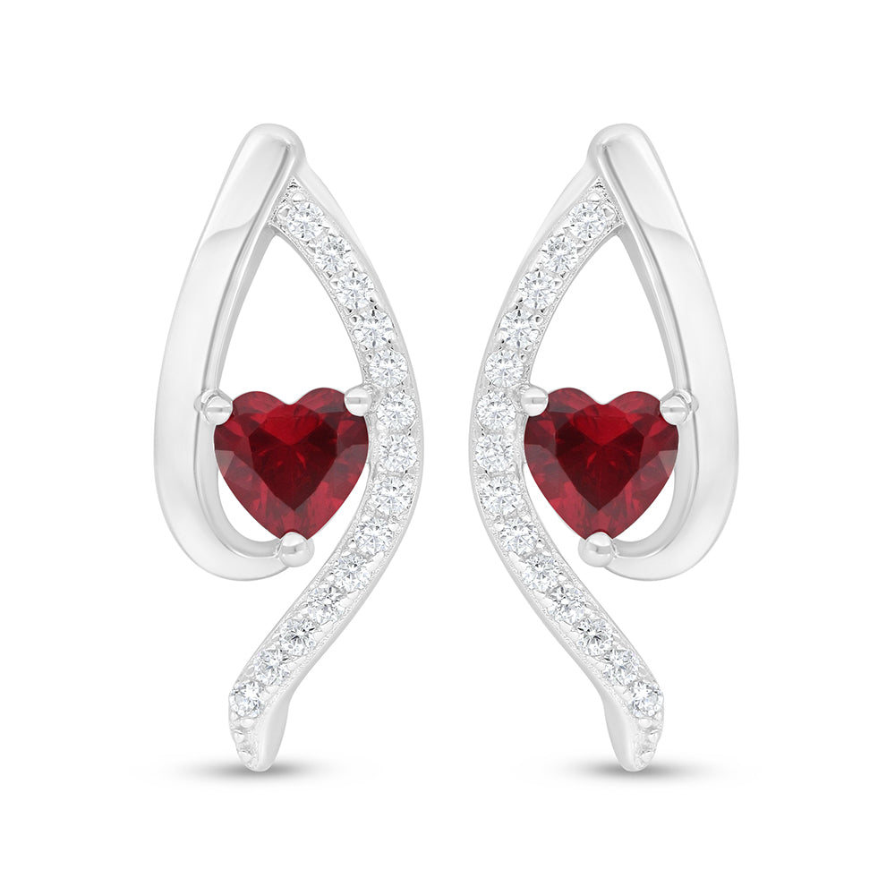 Sterling Silver 925 Earring Rhodium Plated Embedded With Ruby Corundum And White Zircon