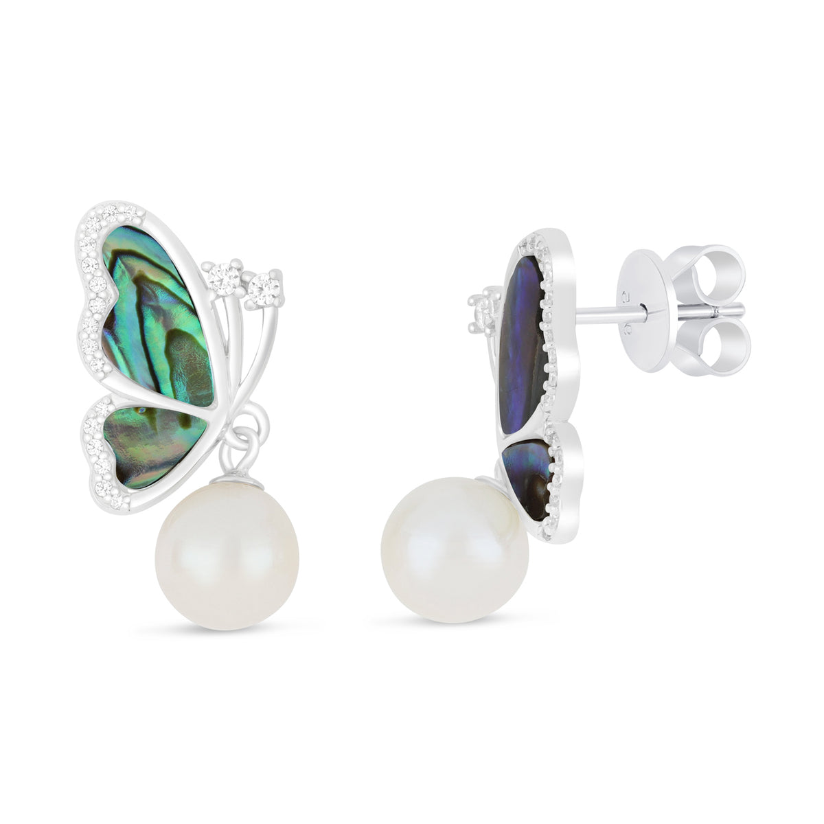 Sterling Silver 925 Earring Rhodium Plated Embedded With Natural White Pearl,Blue Shell And White Zircon