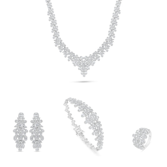 طقم من الفضة الخالصة عيار 925 مطلي روديوم مرصع فص ابيض