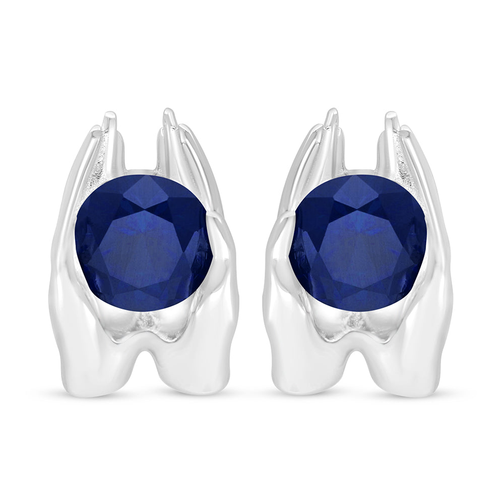 Sterling Silver 925 Earring Rhodium Plated Embedded With Sapphire Corundum