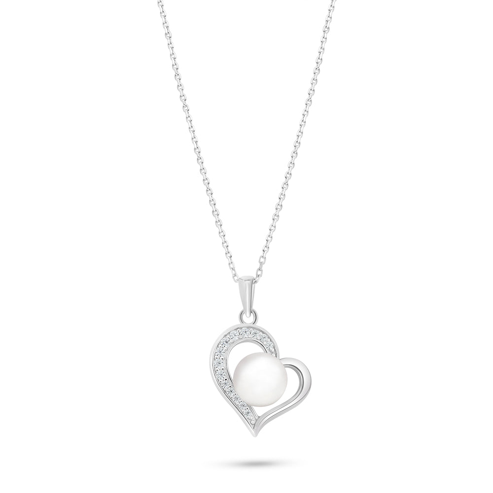 Sterling Silver 925 Necklace Rhodium Plated Embedded With Natural White Pearl And White Zircon